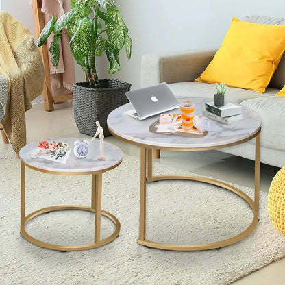 VILAWLENCE Round Coffee Table Set of 2 Modern Nesting Golden Frame Circular and Marble Pattern Wooden Stacking Accent