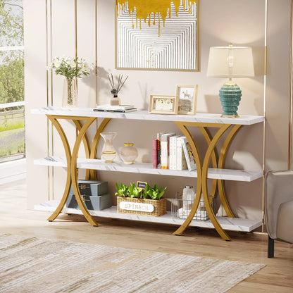 Tribesigns 70.8 Inch Gold Console Table, Long Sofa Table Entry Table with 3 Tier Storage Shelves for Entryway Hallway