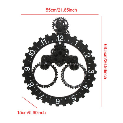 27" Modern Industrial Mechanical Moving Gear Clock Metal Gear Wall Clock Black Decor Silent/No Ticking