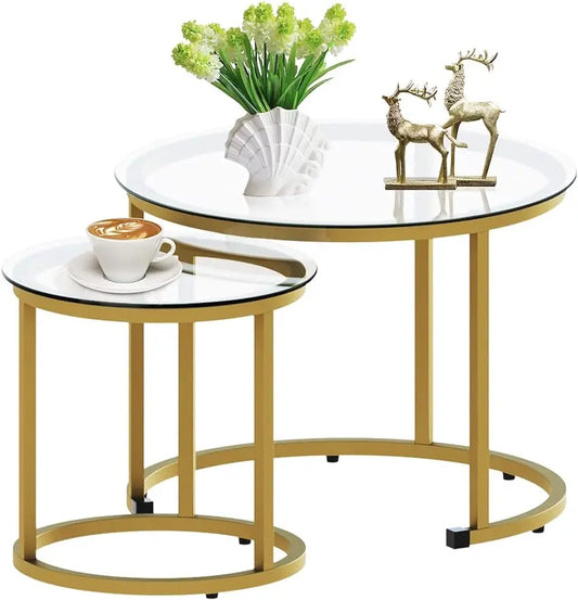 Gold Nesting Coffee Table Set of 2, Small Glass Nesting Tables for Living Room Bedroom, Accent Tea Table with Metal Frame