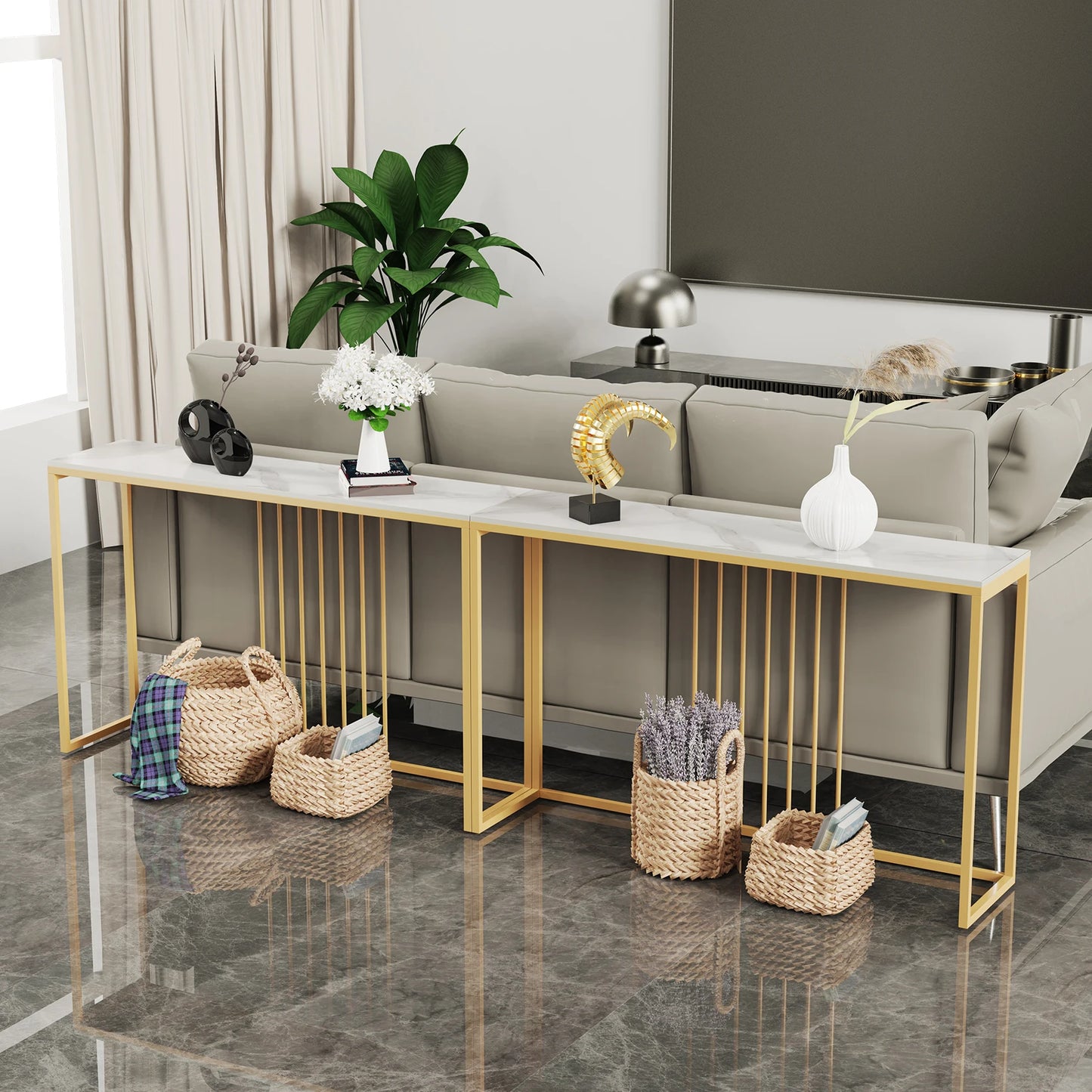 47.2" Extra Long Console Table Sintered Top Gold Metal Leg Sofa Table for Hallway Entryway