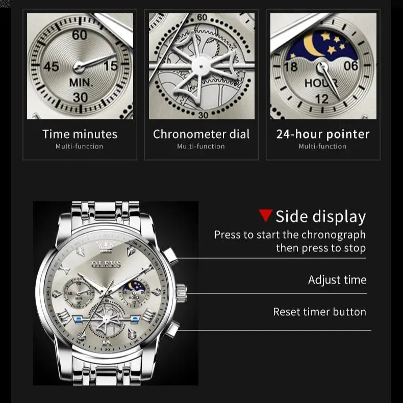 OLEVS 2856 Men's Watch Top Luxury Brand Multi functional Lunar Skeleton Waterproof Quartz Watch Fashion Business Men's Watch