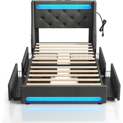 PU Leather Bed With Drawers Wooden Slats Easy Assembly Noise Free Full Bed Frame With LED Lights and Charging Station Black Home