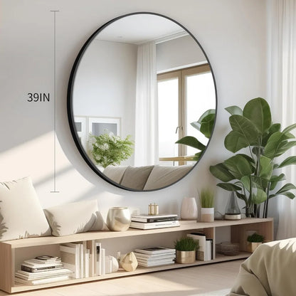 39 Inch Black Round Mirror Decorative Wall Mirrors Room Decoration Aluminum Alloy Metal Frame Round Wall Mirror Bedroom Vanity