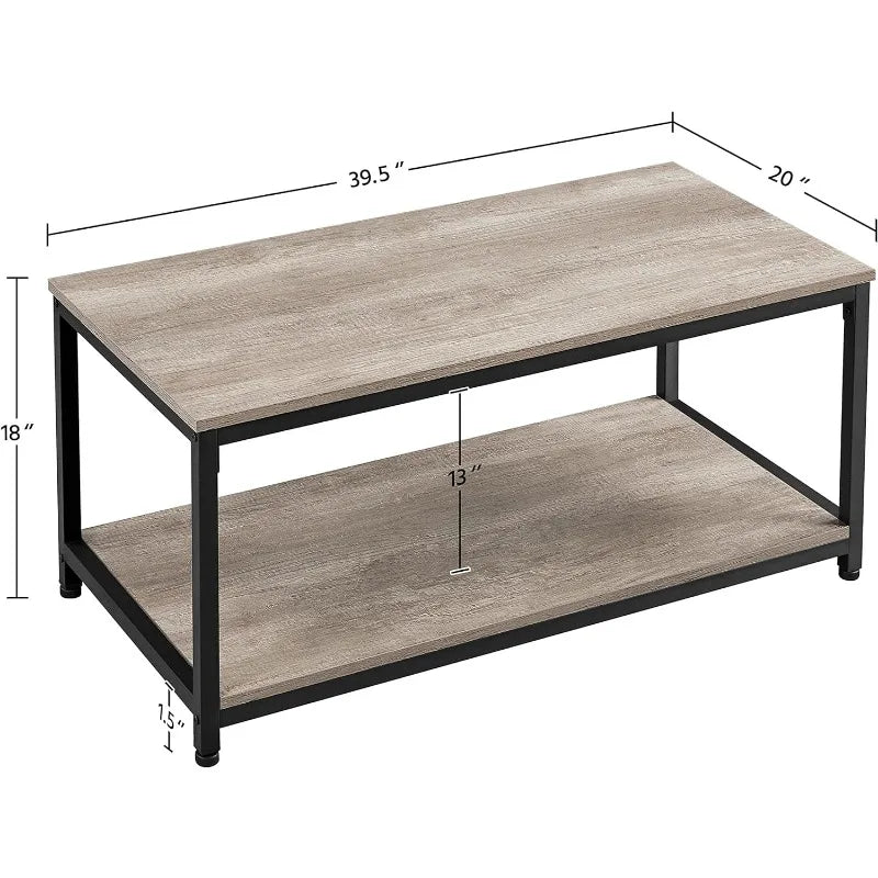 2-Tier Industrial Wood Coffee Table Cocktail Table Center Table with Open Storage Shelf for Living Room Vintage Accent Furniture