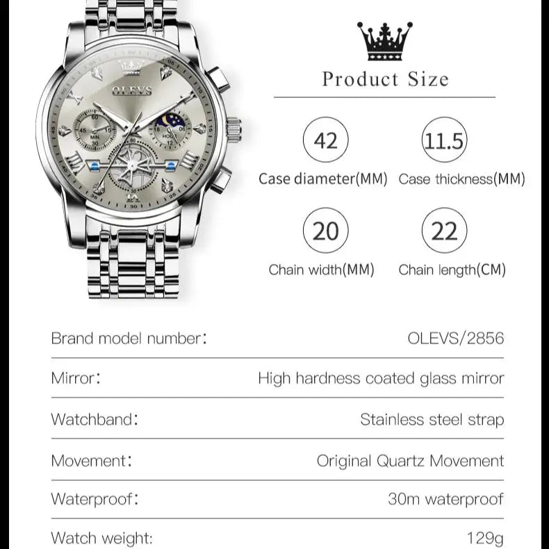 OLEVS 2856 Men's Watch Top Luxury Brand Multi functional Lunar Skeleton Waterproof Quartz Watch Fashion Business Men's Watch