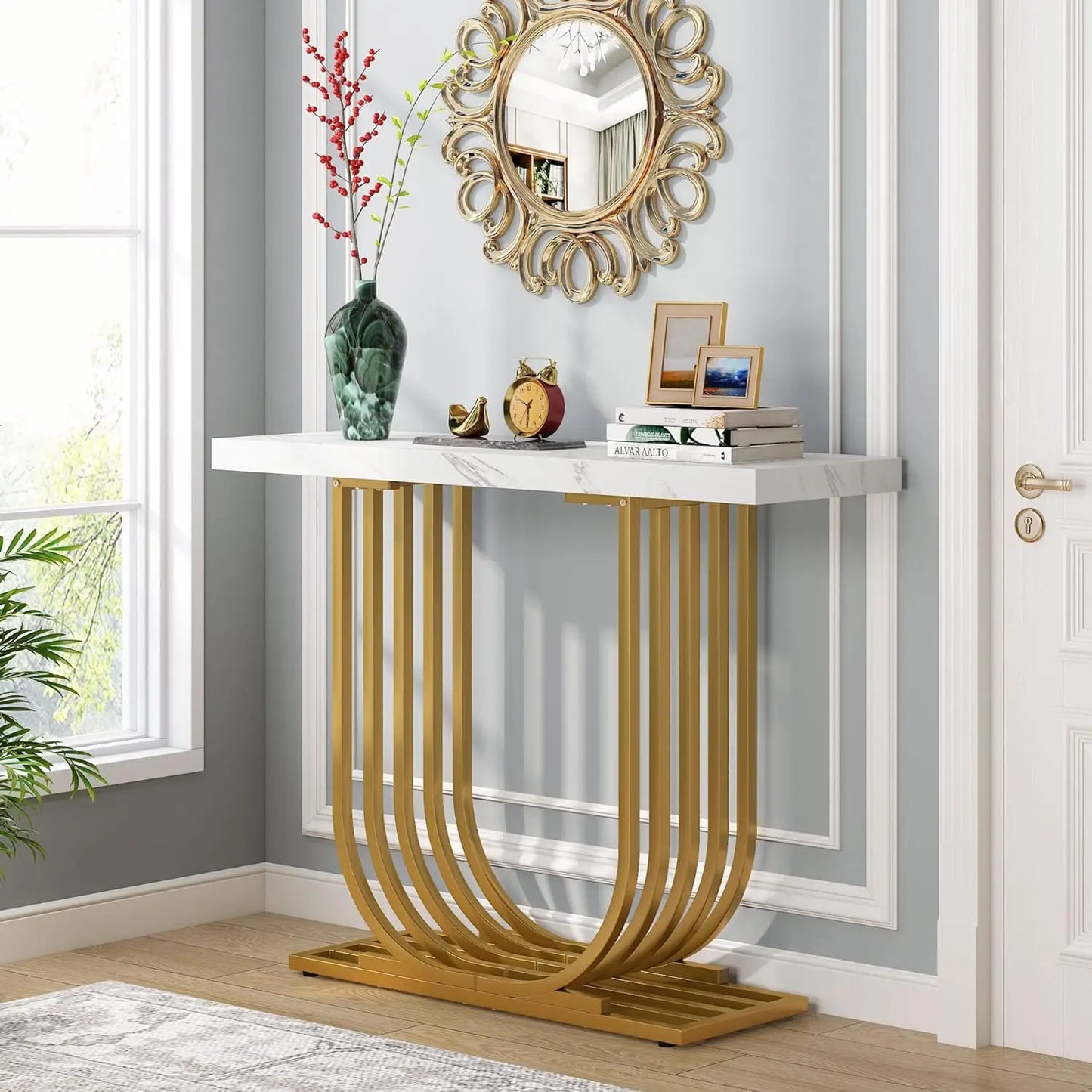 Console Table with Gold Base, 39.4 In Faux Marble Entryway Foyer Table, Sofa Accent Table for Living Room, Hallway, White & Gold