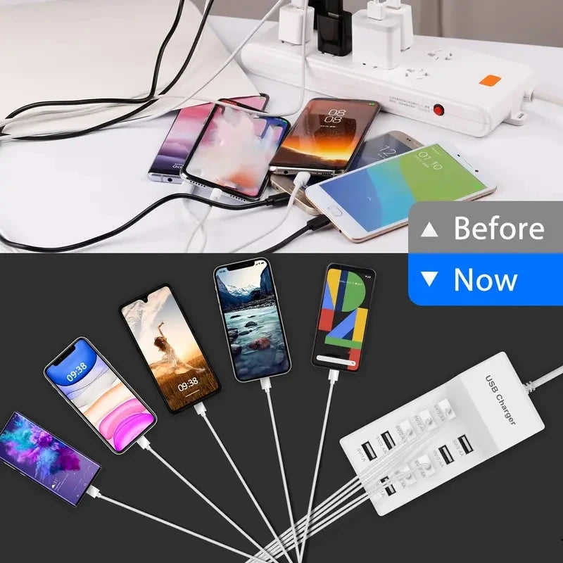 USB Charger 10-Port USB Charging Station for Multi Devices 50W USB Hub Adapter for iPhone Samsung Xiaomi Huawei Extension Socket