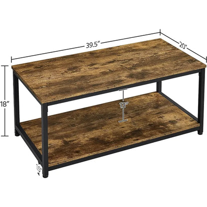 2-Tier Industrial Wood Coffee Table Cocktail Table Center Table with Open Storage Shelf for Living Room Vintage Accent Furniture