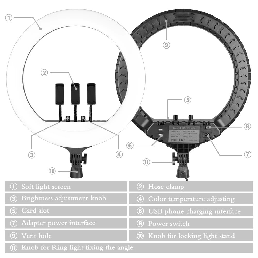 SH 18 Inch Knob Ring Light LED Selfie Video Lamp With Tripod Stand Phone Clip For YouTube Live Lighting Photo Photography Studio