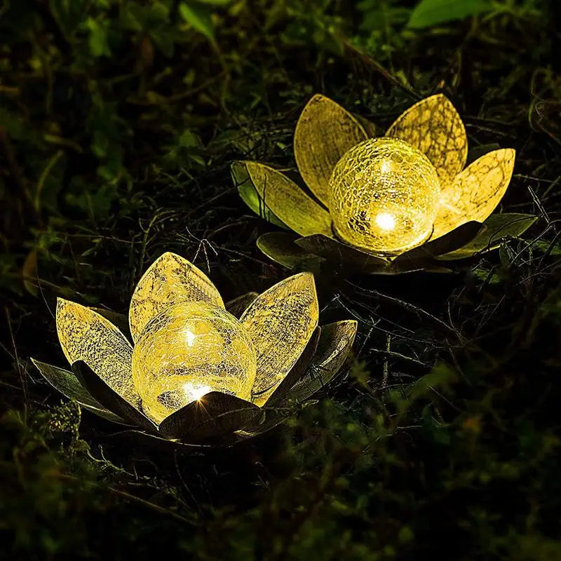 Garden Amber Cracked Glass Lotus Solar Light Waterproof Metal Flower LED Light Garden Lamp For Patio Pathway Lawn Decoration