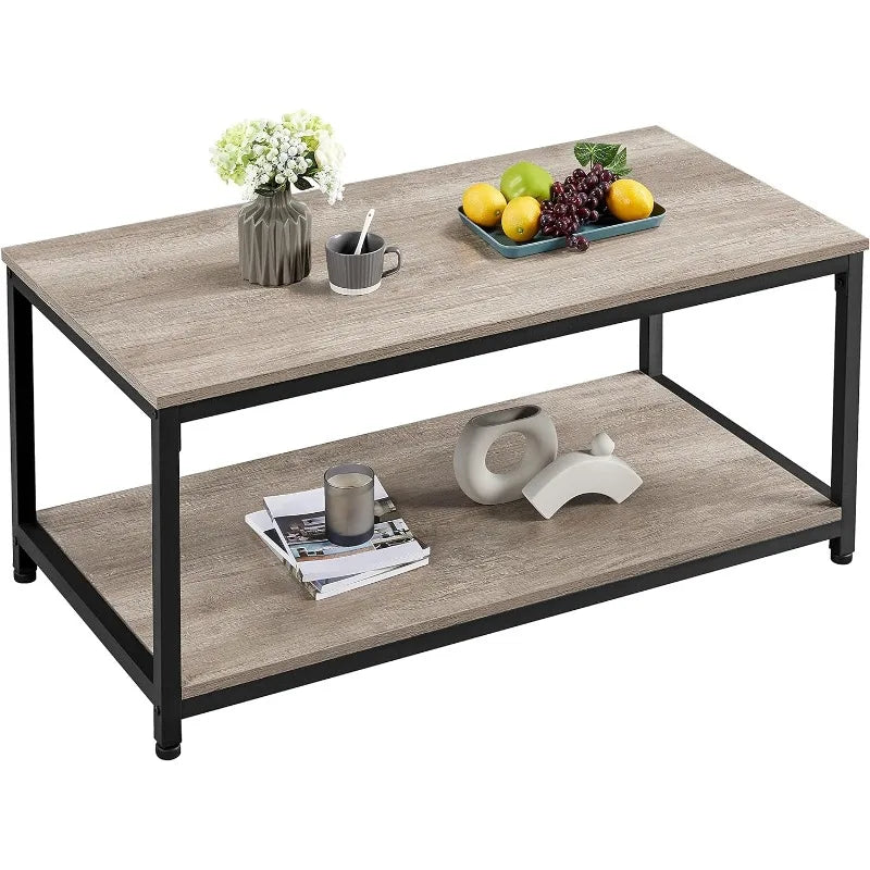 2-Tier Industrial Wood Coffee Table Cocktail Table Center Table with Open Storage Shelf for Living Room Vintage Accent Furniture