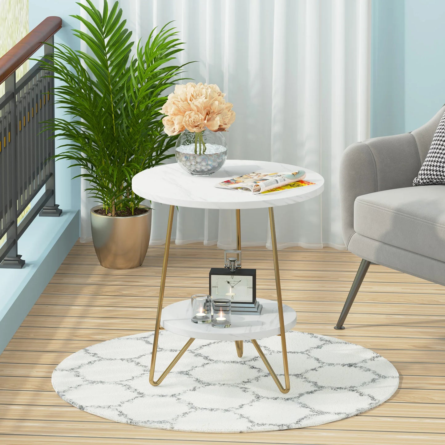 Tribesigns 2 Tier Faux Marble End Table Round Side Table with Shelves Small Coffee Accent Table for Living Room, White and Gold