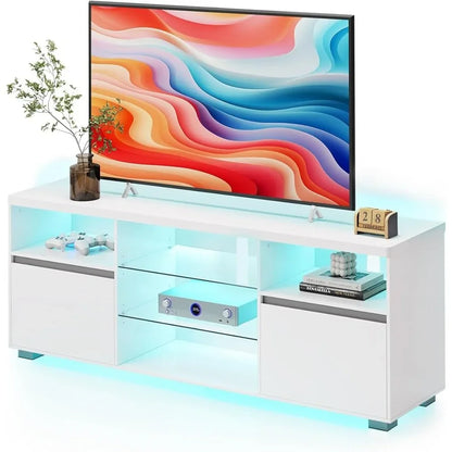 Tv Furniture Home TV Console for Bedroom Living Room Stand With LED Lights 70 Inch 63 X 15.7 X 23.6 Inches 2 Cabinets With Doors