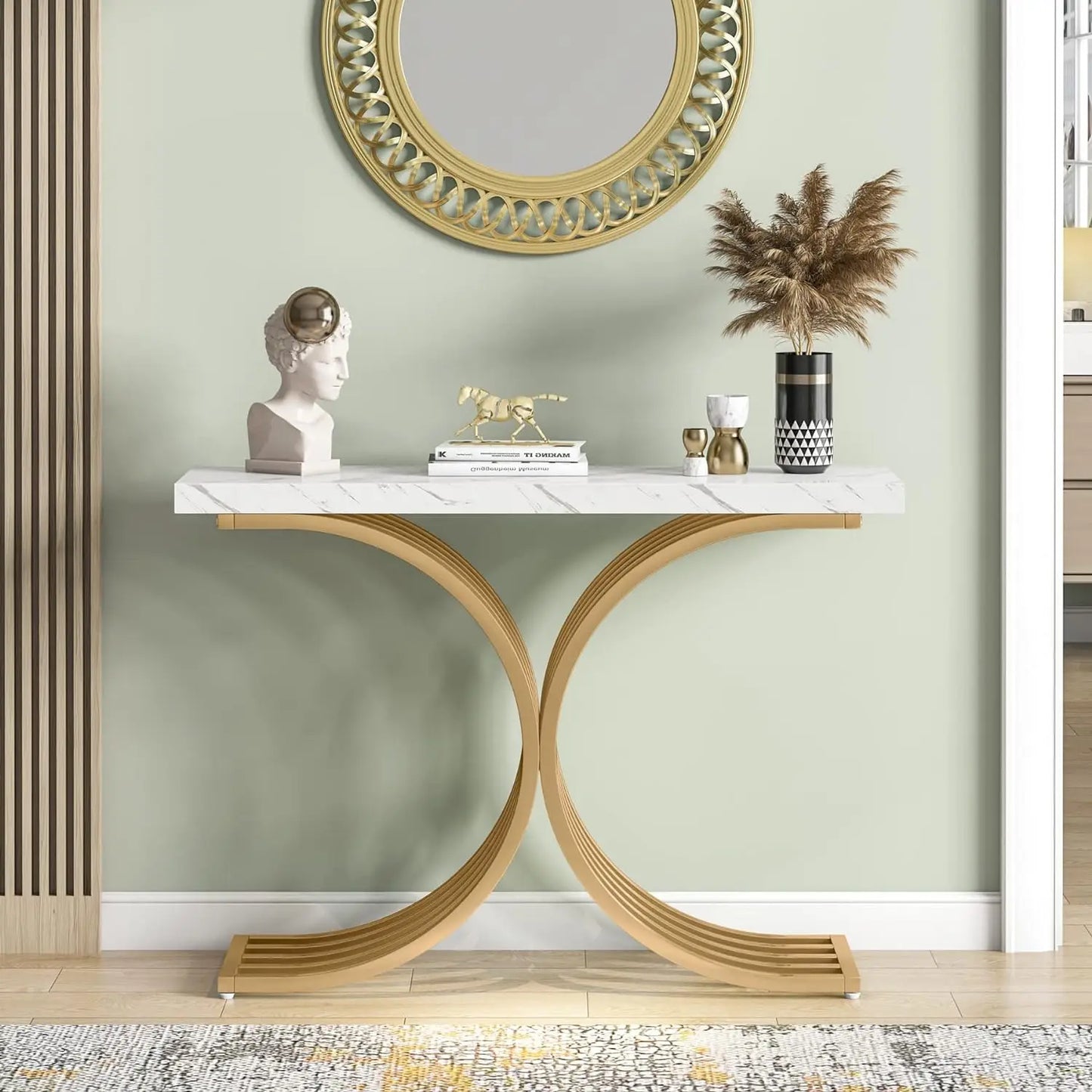 Tribesigns Entryway Console Table White Faux Marble Top Narrow Sofa Accent Table with Gold Metal Base