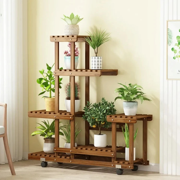 6 Tier Wood Plant Stand Vertical Carbonized Multiple Holder Indoor Outdoor Patio