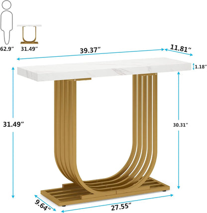 Console Table with Gold Base, 39.4 In Faux Marble Entryway Foyer Table, Sofa Accent Table for Living Room, Hallway, White & Gold