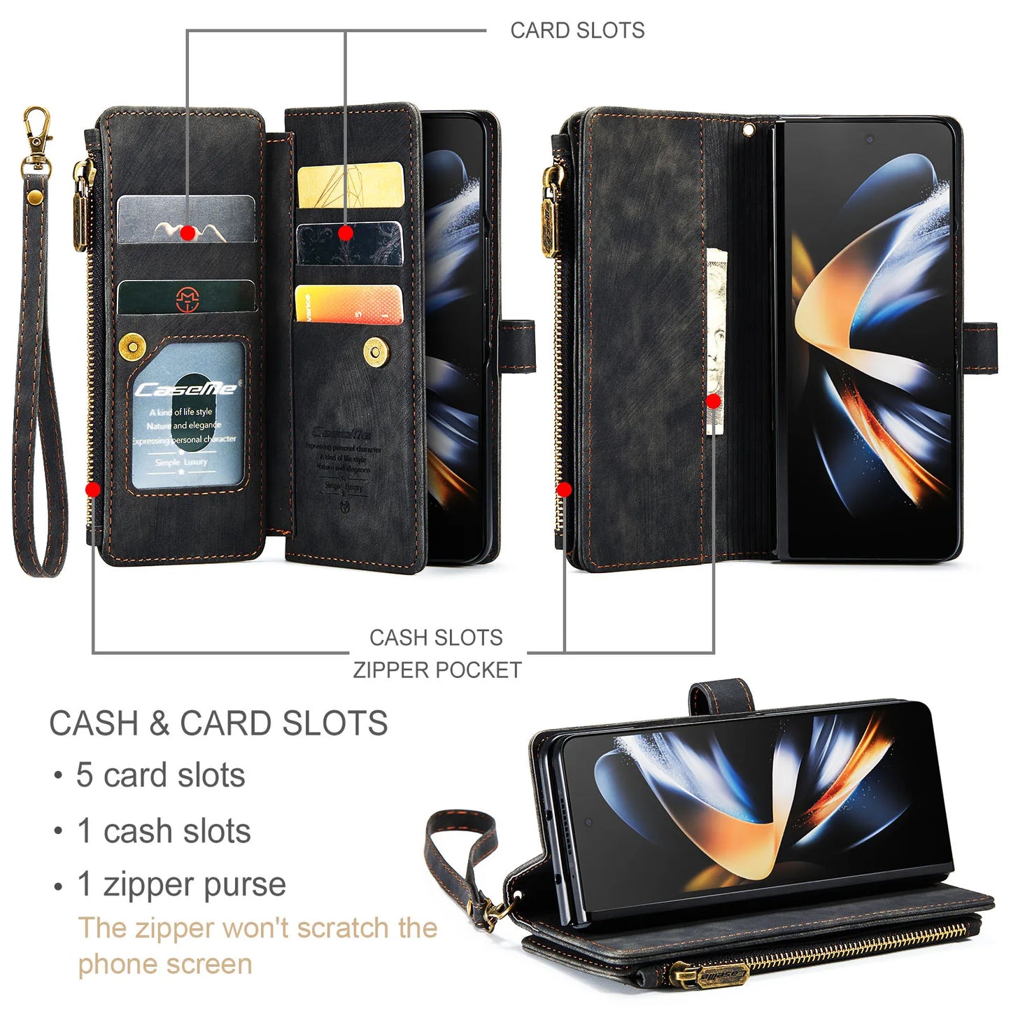 for Samsung Galaxy Z Fold 3/4 Wallet Case,Durable PU Leather Magnetic Wallet Flip Lanyard Strap Wristlet Zipper Card Holder Case