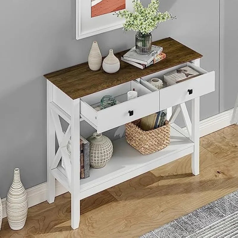 Sofa Table Farmhouse Entryway Table with 2 Drawers Storage Shelve, Narrow Foyer Table for Entryway,X Shaped Hallway Table