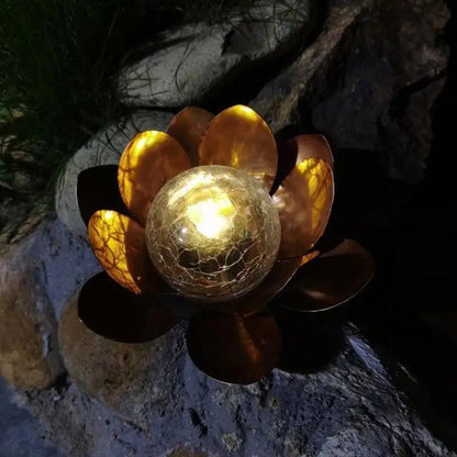 Garden Amber Cracked Glass Lotus Solar Light Waterproof Metal Flower LED Light Garden Lamp For Patio Pathway Lawn Decoration