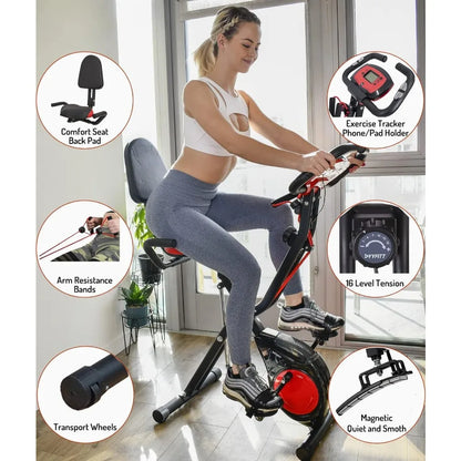 Exercise Bike, 3-in-1 Folding Home Stationary with Arm Exercise Bands, with 16 Levels of Magnetic Resistance, Exercise Bike