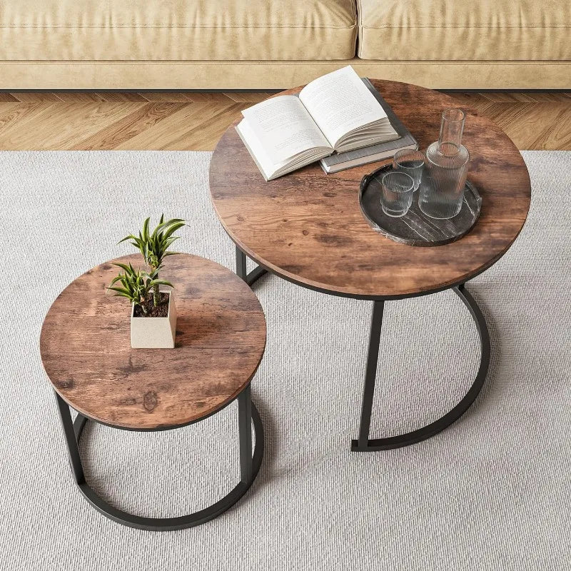 Industrial Round Coffee Table Set of 2 End Table for Living Room,Wood Look Accent Furniture with Metal Frame