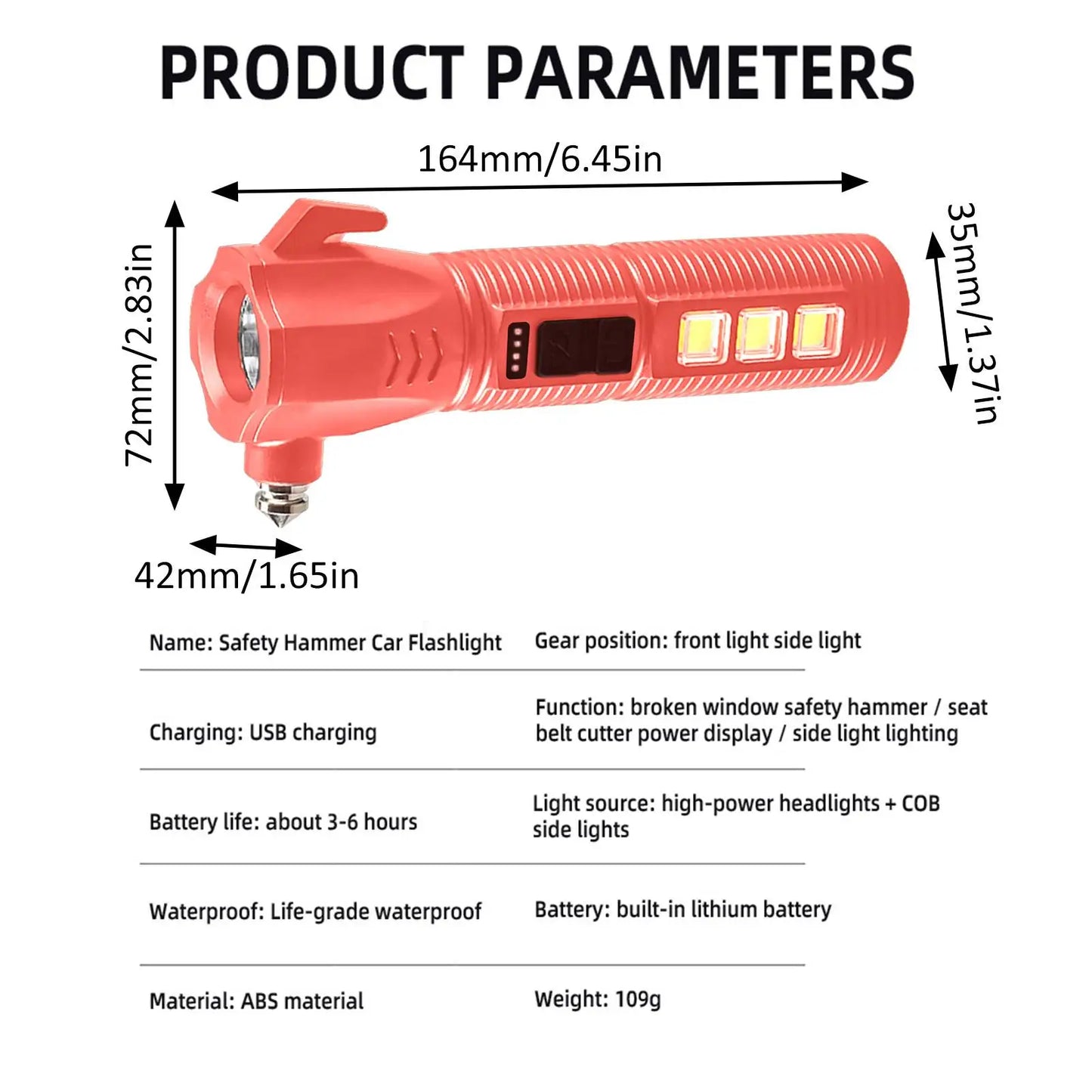 Car Safety Hammer Flashlight Seat Belt Cutter And Glass Breaker All-in-One Auto Emergencies Tool With USB Charging Work Light