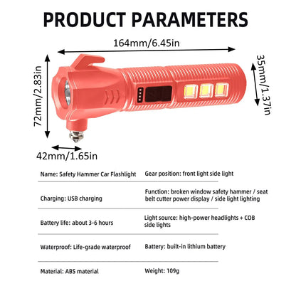 Car Safety Hammer Flashlight Seat Belt Cutter And Glass Breaker All-in-One Auto Emergencies Tool With USB Charging Work Light