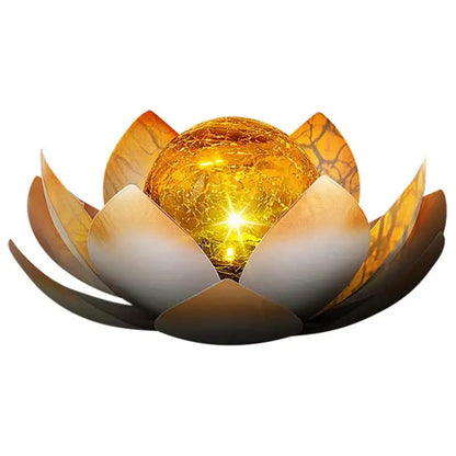 Garden Amber Cracked Glass Lotus Solar Light Waterproof Metal Flower LED Light Garden Lamp For Patio Pathway Lawn Decoration