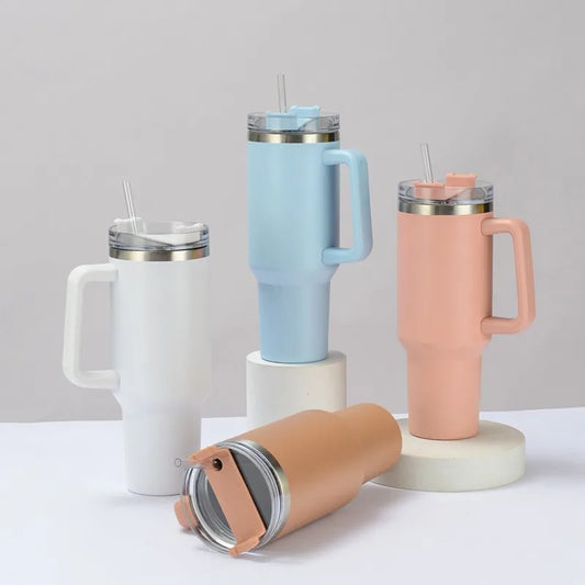 1200ml Insulated Tumbler With Lid and Straws, Stainless Steel Coffee Tumbler with Handle, Vacuum Leak Proof Coffee Cup