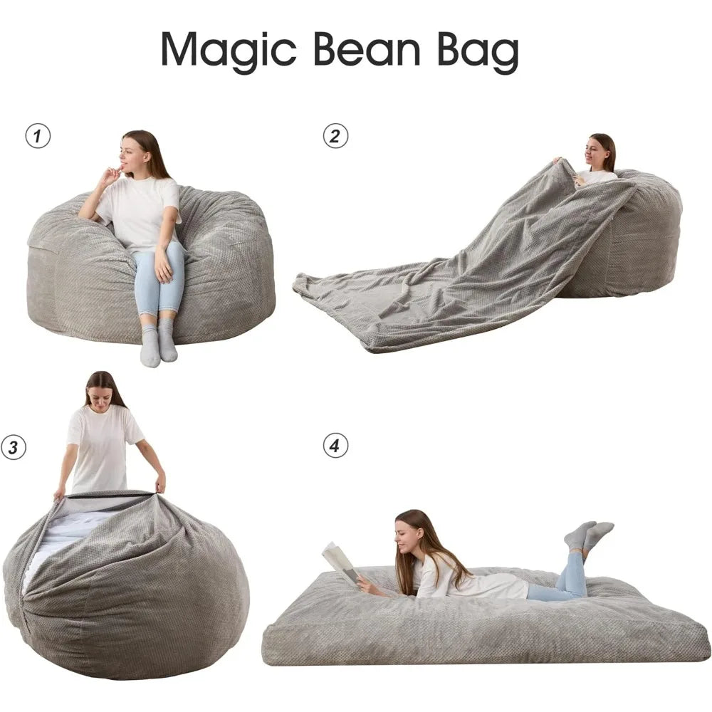 Convertible Beanbag Chair for Home Bean Bag Variable Shape From Bean Bag to Mattress Living Room (Full Grey) Furniture