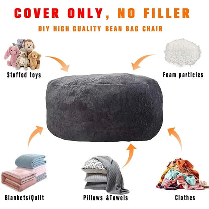 Bean Bag Chair Cover 5ft Fluffy Bean Bag Chairs for Adults Pv Fur Light Grey BeanBag Cover Living Room Furniture Lazy Sofa Chair