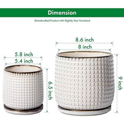 8 Inch 6 Inch Ceramic Indoor Planter Pots with Drainage Hole and Saucer, Beaded Design Flower Pots, Set of 2, Smoked White