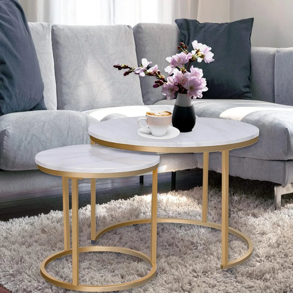 VILAWLENCE Round Coffee Table Set of 2 Modern Nesting Golden Frame Circular and Marble Pattern Wooden Stacking Accent