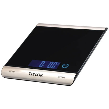 Taylor High-Capacity 33 Pound Digital Kitchen Scale and Food Scale with Hold and Tare Functions in Black and Stainless Steel