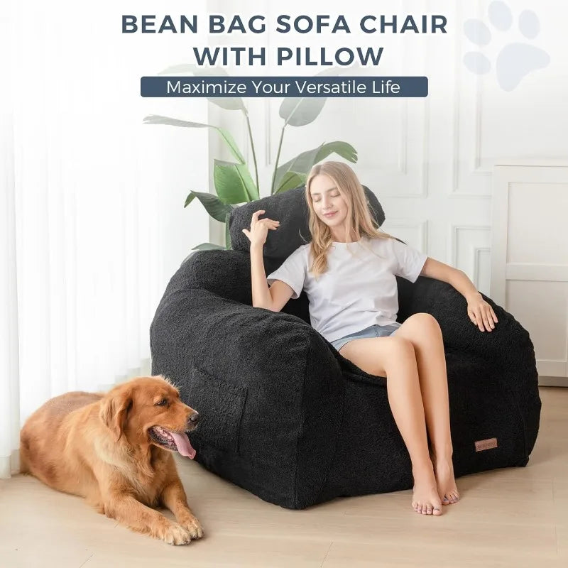 Giant Bean Bag Chair with Pillow, Fluffy and Comfy Bean Bag Sofa for Adult with Fuzzy Fabric,Large Bean Bag Chair with Filler