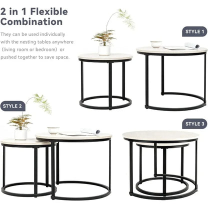 Miereirl Round Nesting Coffee Table Circle Accent Tables for Small Spaces Side End Set of 2 Living Room Balcony Office