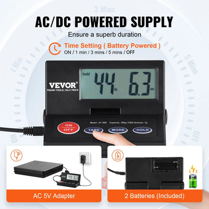 VEVOR 110 lbs Digital Postal Shipping Scale with Timer 90° Foldable LCD Screen AC/DC Powered Package Scale for Laggage Home