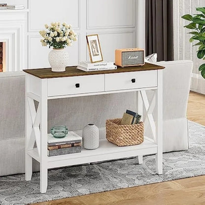 Sofa Table Farmhouse Entryway Table with 2 Drawers Storage Shelve, Narrow Foyer Table for Entryway,X Shaped Hallway Table