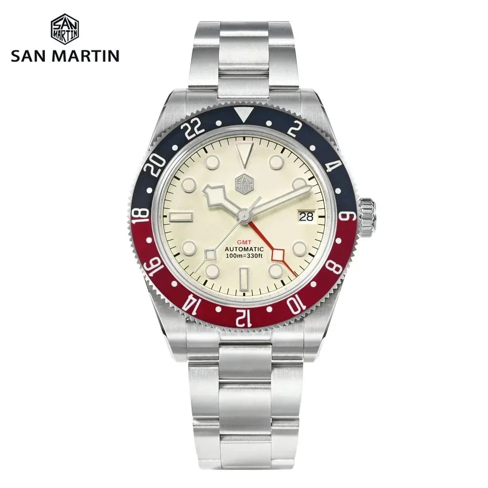 San Martin SN0109-G NH34 GMT Men Luxury Watch Bidirectional Aluminum Bezel Automatic Mechanical Sapphire 100M Waterproof Date