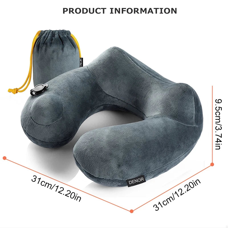 Travel Inflatable Pillow Soft Neck Support Lightweight Ergonomic For Sleeping On Planes, Cars And Trains Storage Bag Included