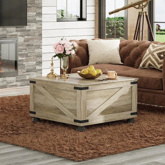 Farmhouse Coffee Table,Square Wood Coffee Table with Storage,Center Table for Living Room,Home Office