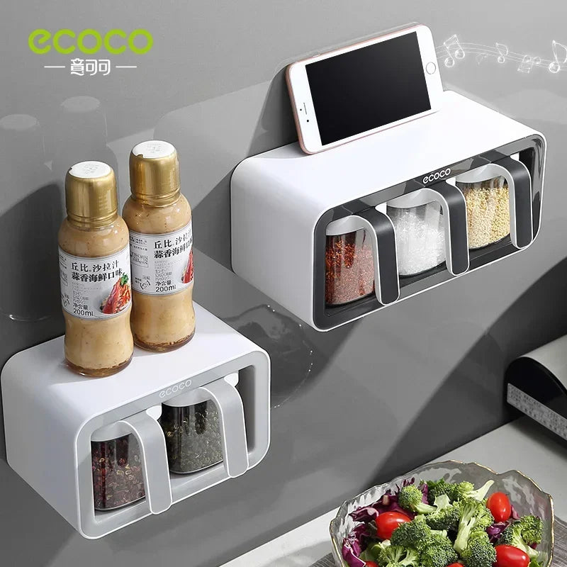 ECOCO Wall Mounted Seasoning Box, Spice Storage Rack, Seasoning Organizer, Kitchen Accessories, Salt Jar Shaker, Pepper Container