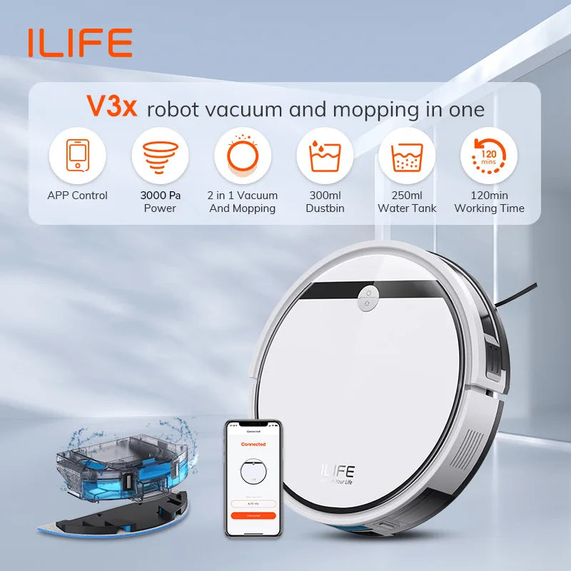 ILIFE V3X Robot Vacuum and Mop Combo, V3s Pro Upgraded, Compatible with Alexa/Google/WiFi, 120mins, 3000Pa, Ideal for Pet Hair