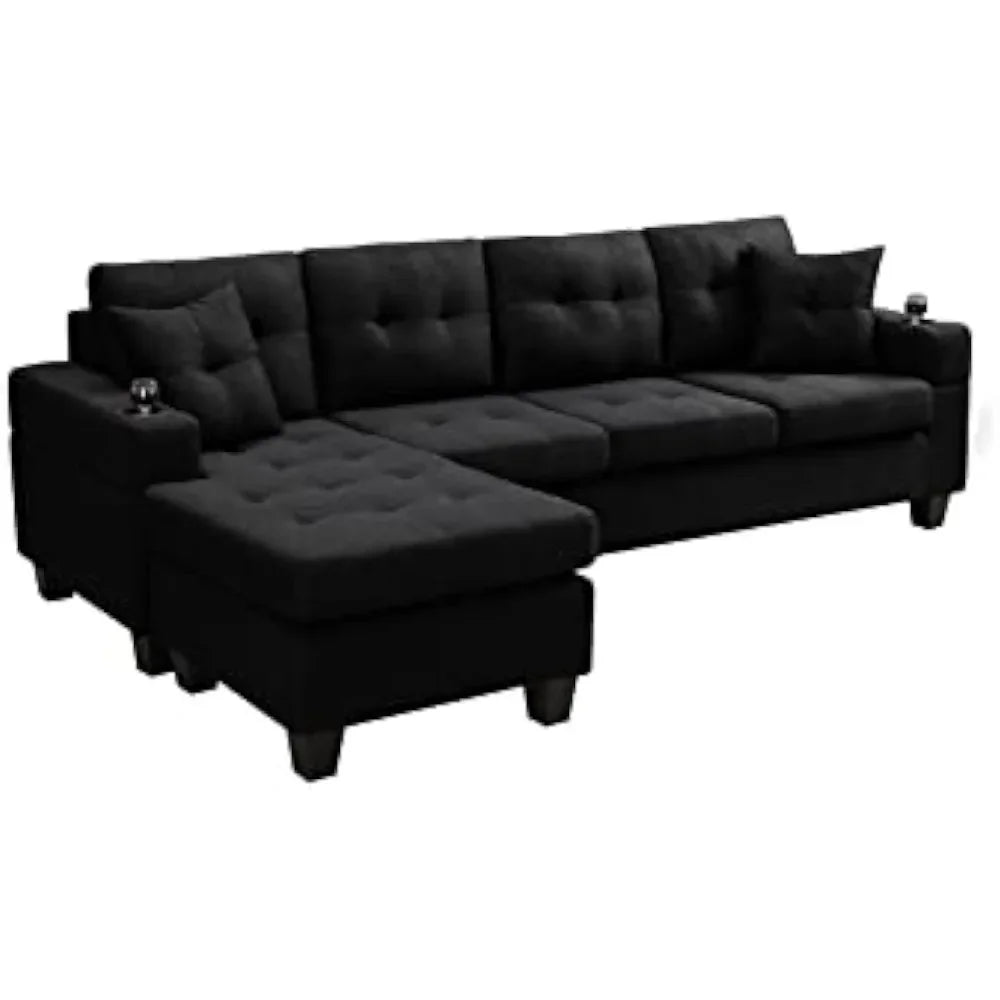 Living room sofa L-shaped upholstered fold-down sofa bed with reversible chaise longue modern fabric furnishings, black