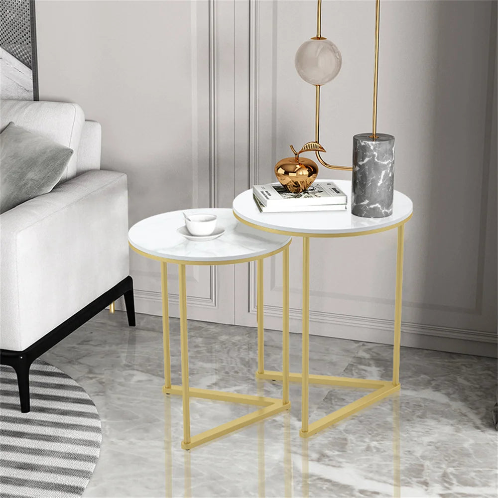 Modern Round Marble Metal Base Nesting Set Side Accent Table Living Room Storage Small End Table, Set of 2, Marble and Gold