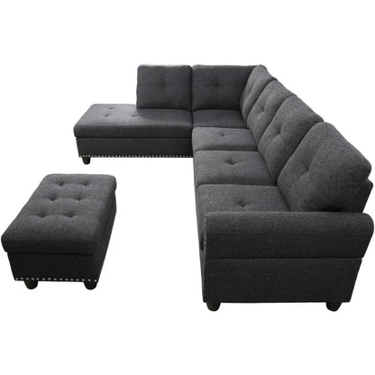 Living Room Sofa with Storage Ottoman Set,Left Chaise Longue,2 Cup Holders,2 Pillows,Furniture Fabric Partition Couch