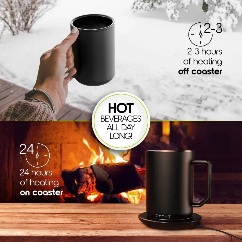 Ionmug & charging coaster, 12oz. Stainless steel self heating coffee mug with lid, 3.5 "x 3.5" x 5"