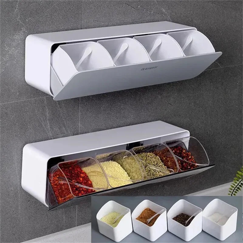 4 In 1 Seasoning Box Combination Set, Wall-mounted Seasoning Storage Box, Sugar Salt Spices Container Organizer, Kitchen Supplies