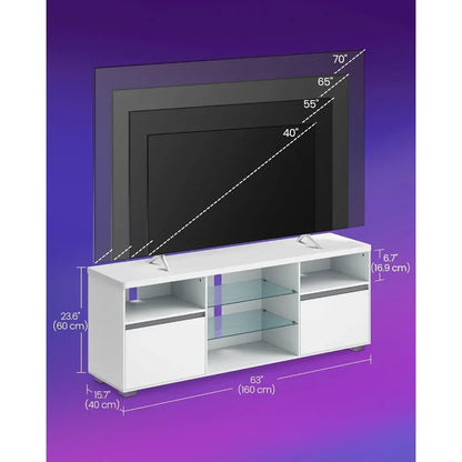 Tv Furniture Home TV Console for Bedroom Living Room Stand With LED Lights 70 Inch 63 X 15.7 X 23.6 Inches 2 Cabinets With Doors